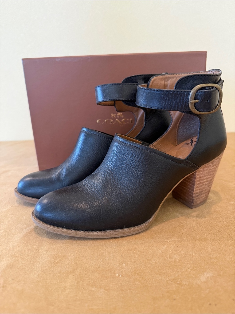Coach Black Leather Ankle Strap Block Heel